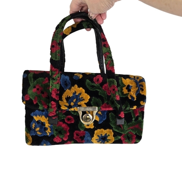 Vtg 60s floral chenille tapestry carpet handbag purse cottagecore - Picture 1 of 9